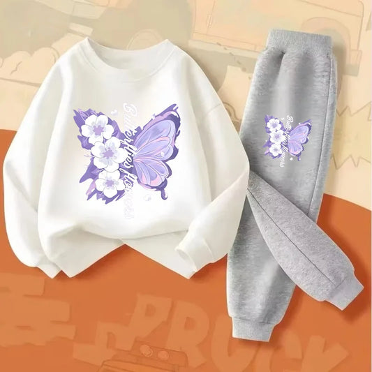 Spring Long Sleeved Elegant Butterfly Printed Hoodies Suit Set