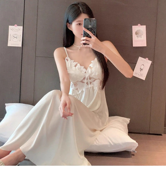 French Romantic Long Strap Sleep Silk Elegant Sleepwear Set
