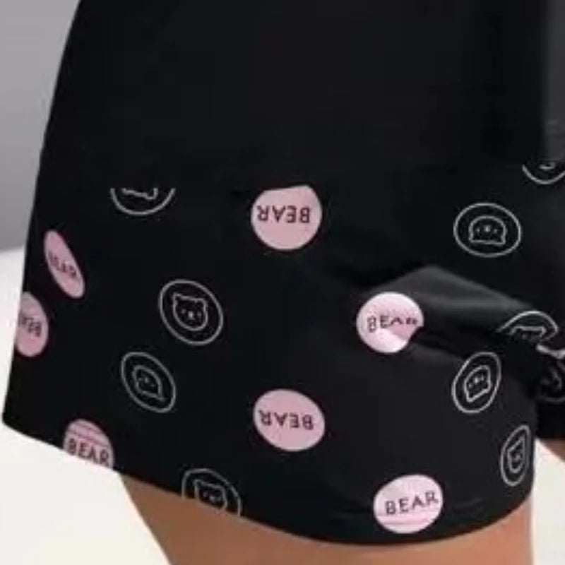 Plus Size Bear Print Sleeveless Screw Top & Shorts Pajamas Sets