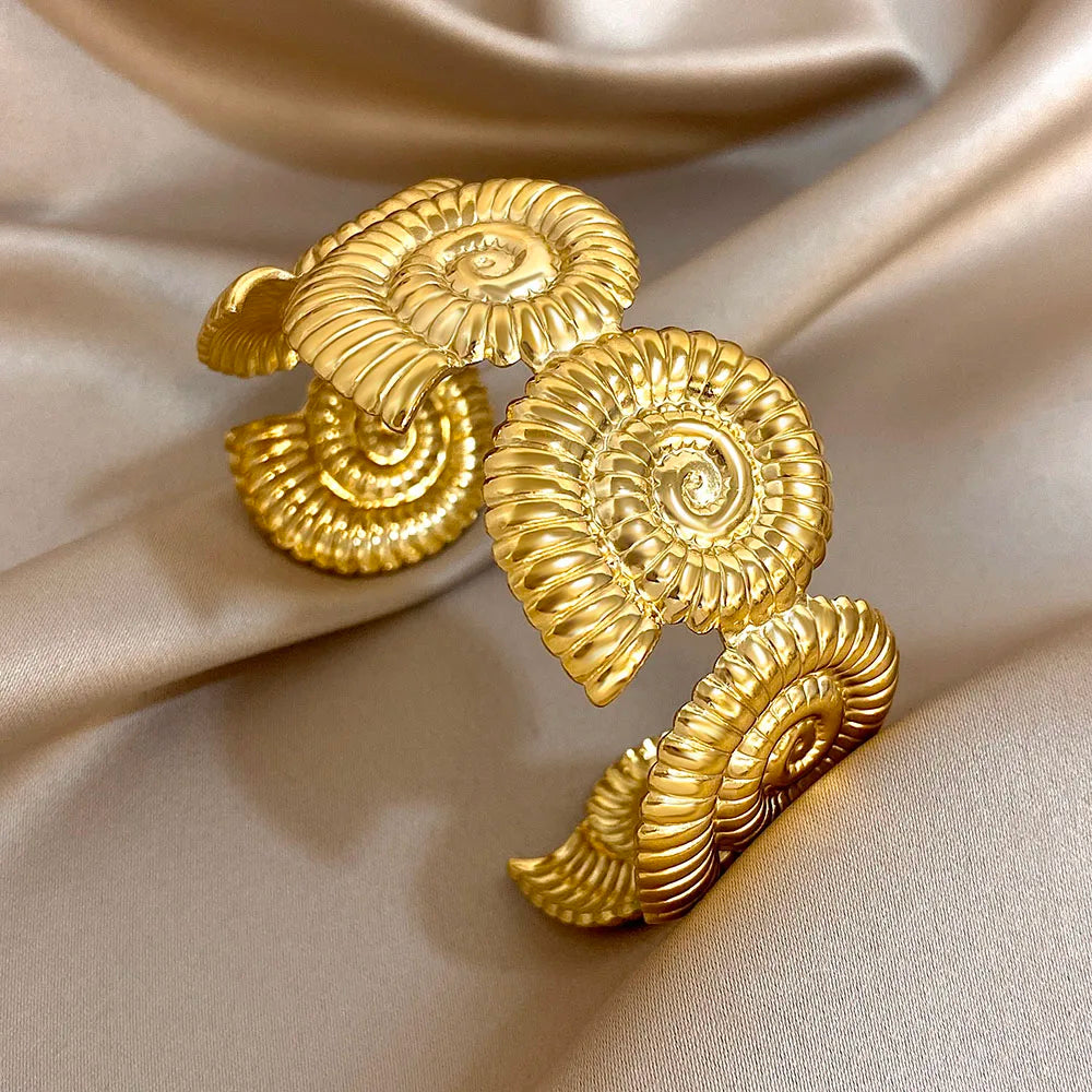 Gold Stainless Steel Open Exaggerated Fish Conch Shell Chunky Bangle Bracelets