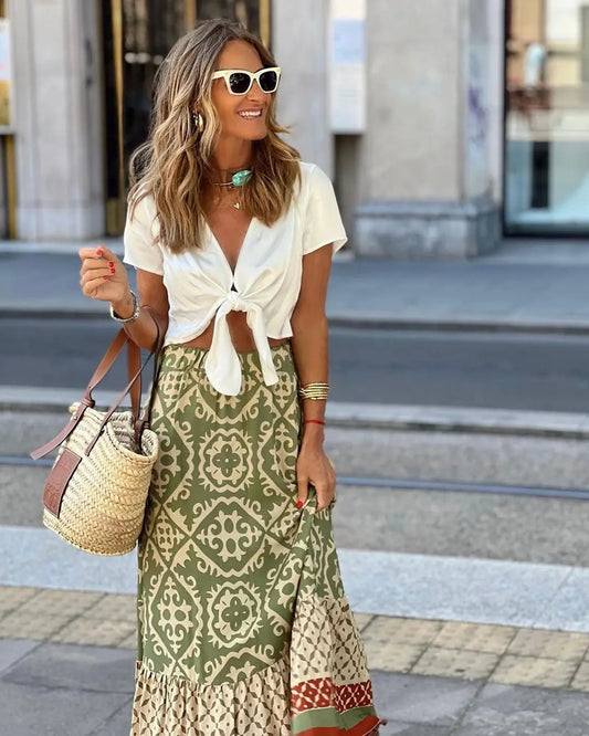 Elastic Waist Printed Large Swing Skirt