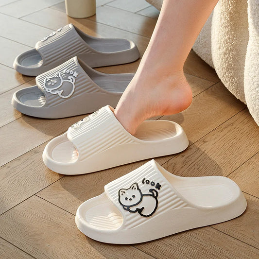 Cute cartoon dog slide sandals in beige and gray on wooden floor, stylish comfy footwear at danastors