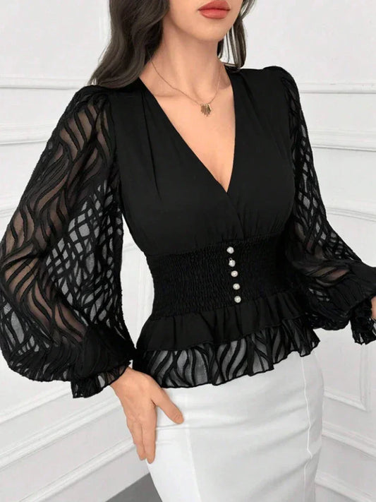 Elegant V Neck Lantern Sleeve
