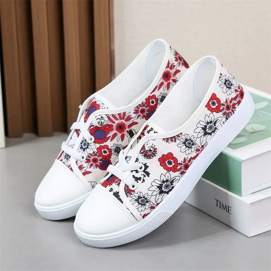 Sweet Round Toe Red Floral Print Canvas Shoes