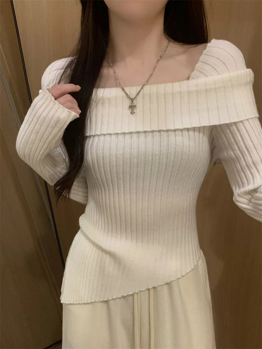 Off Shoulder Sweater Long Sleeve Ribbed Knit Sweater Fitted Pullovers