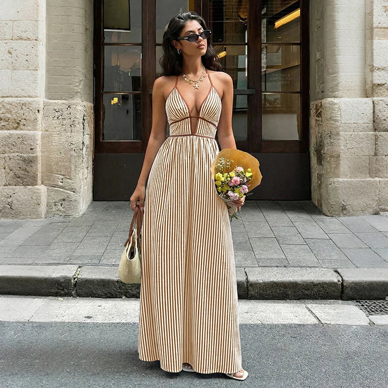 Deep V-neck Striped Sexy Backless Sleeveless Neckline Long Dress