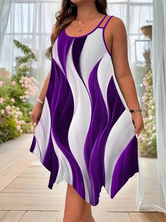 Plus-size geometric stripes printed strap dress