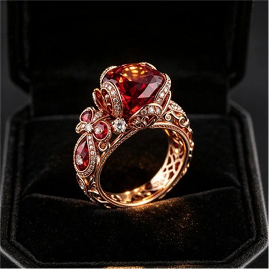 Small Exquisite Flower Charm Elegant Red Zircon Stone Ring