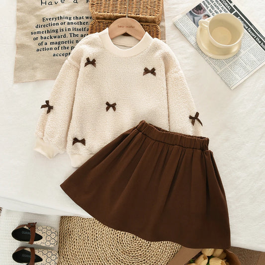 Autumn Winter 3-7 Year Round Neck Long Sleeve Bow Korean Version Set