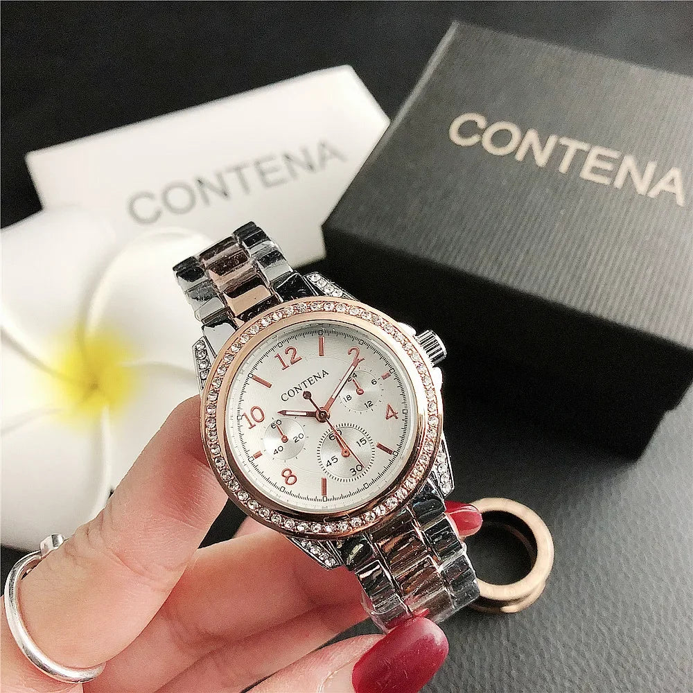 Luxury Stainless Steel Rhinestone Quartz Wristwatch