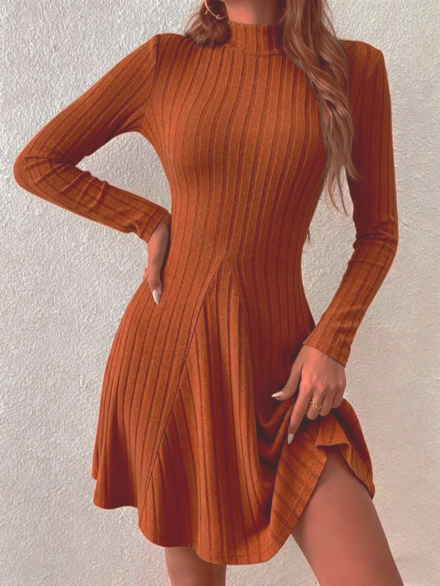 Slim fit half high collar waist long sleeved stripe dress