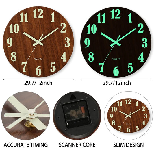 12 Inch Luminous Wall Clock Wood Silent light in dark