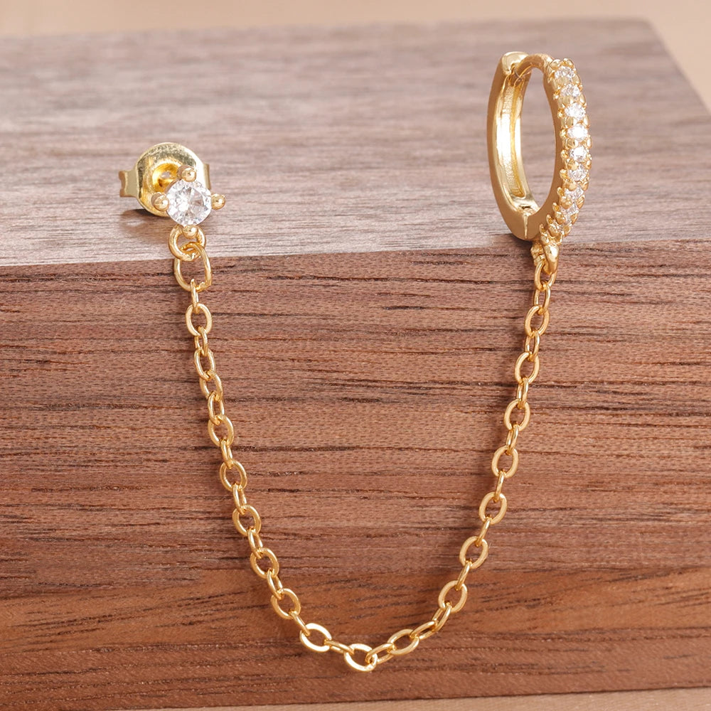 Stainless Steel Gold Color Chain Dangle Drop Zirconia Earrings