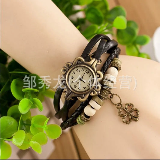 Vintage Leather Bracelet Butterfly Clover Pendant Quartz Watch