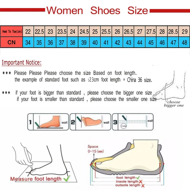 Women's shoe size chart with foot measurement guide for danastors online fashion shop.