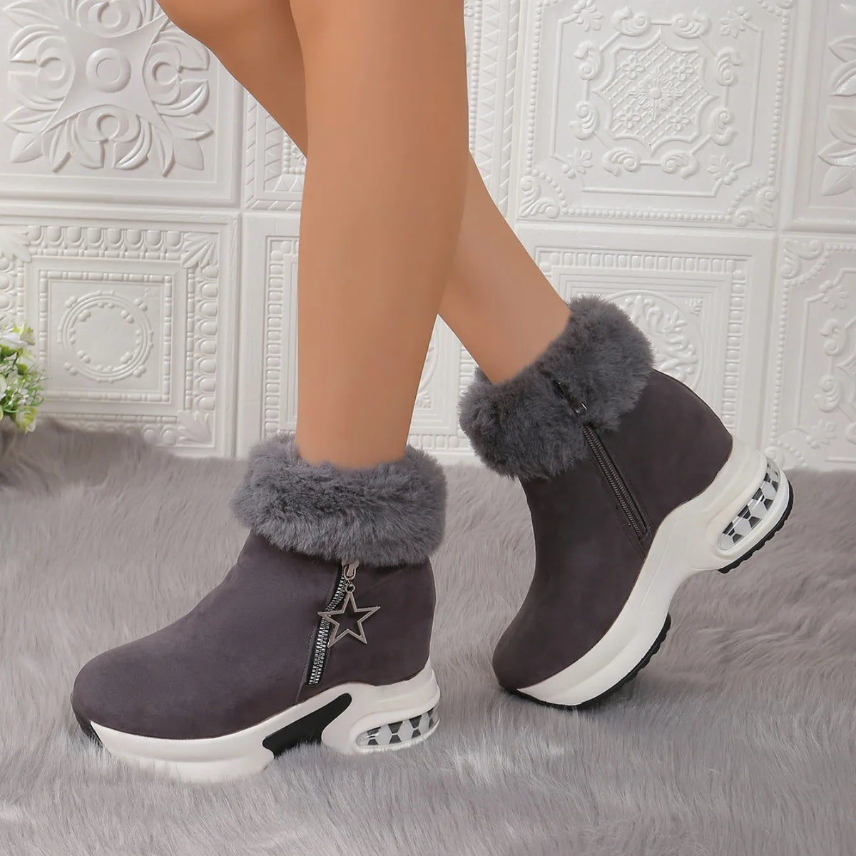 Winter Casual High Heels Thickened Fluff Wedge Platform Snow Boots