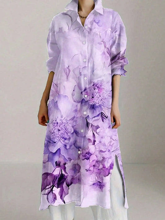 Plus Size Vintage Chic Floral Print Long Sleeve Shirt Dress