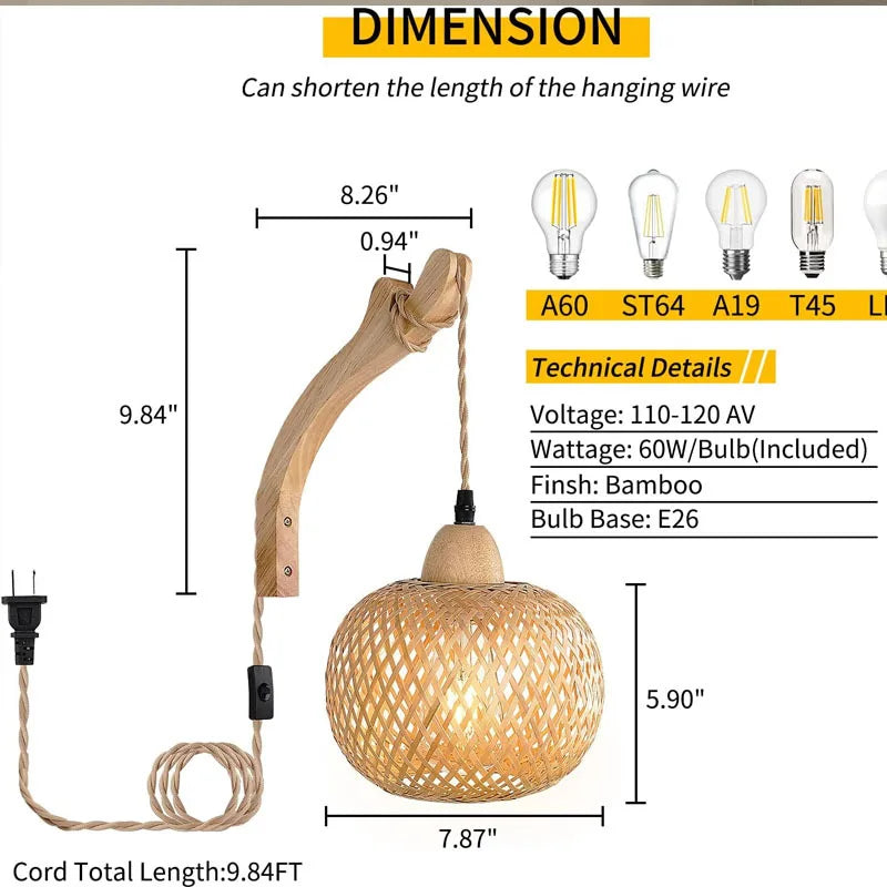 Bamboo Lantern Wall Lamp Natural Rattan Wicker Wall Light