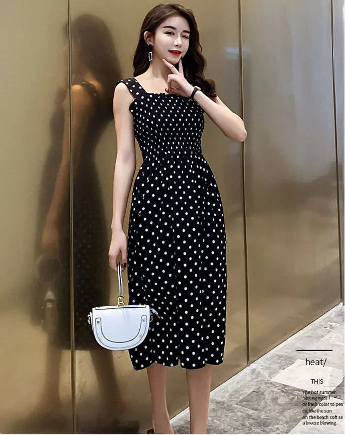 Polka Dot Elegant Sleeveless Chiffon Long Dress