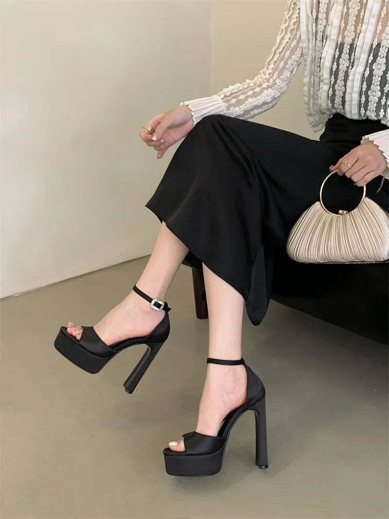 Black High Heels Silk Square Toe Shoes