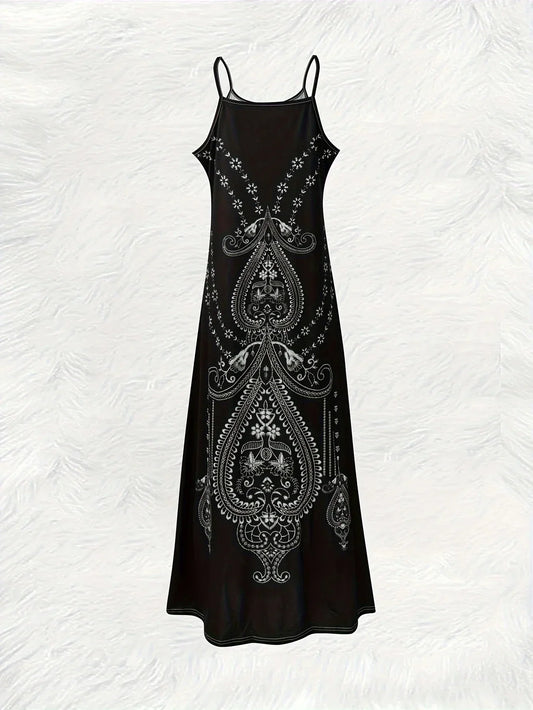 Vacation style Black And White Paisley round neck spaghetti strap dress