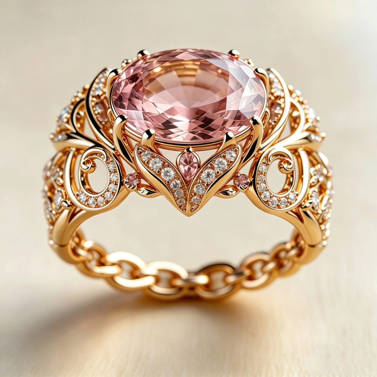 Luxury Pink Zircon Big Stone Engagement Round Skeleton Ring