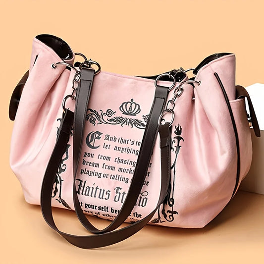 Letter Print Faux Suede Handbag