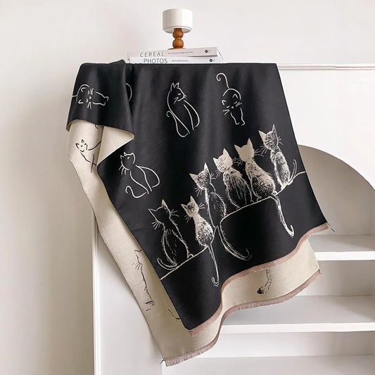 Luxury Winter Cashmere Little Cat Print Scarf
