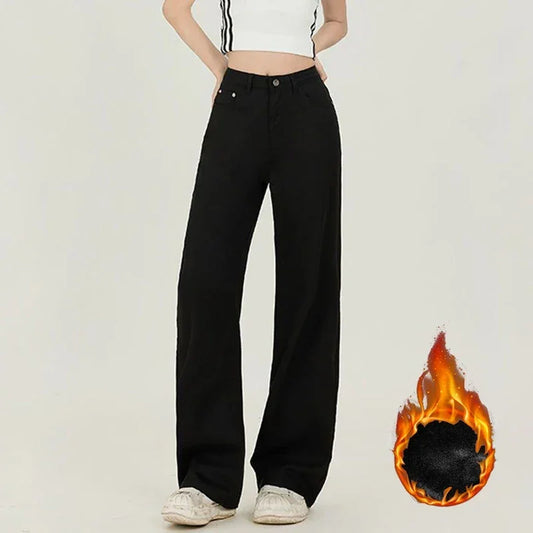Fleece Thermal High Waist Snow Warm Plush Denim Straight Leg Jeans