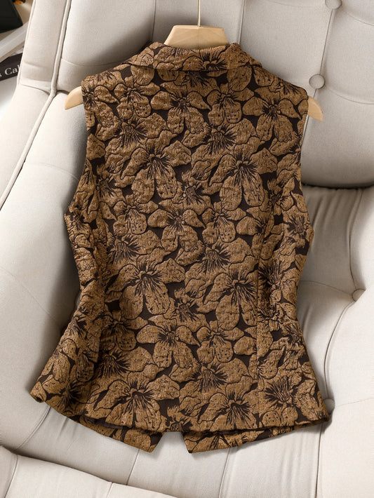 Sleeveless Jacquard Blazer Vest Vintage Floral Waistcoat Suit Vest