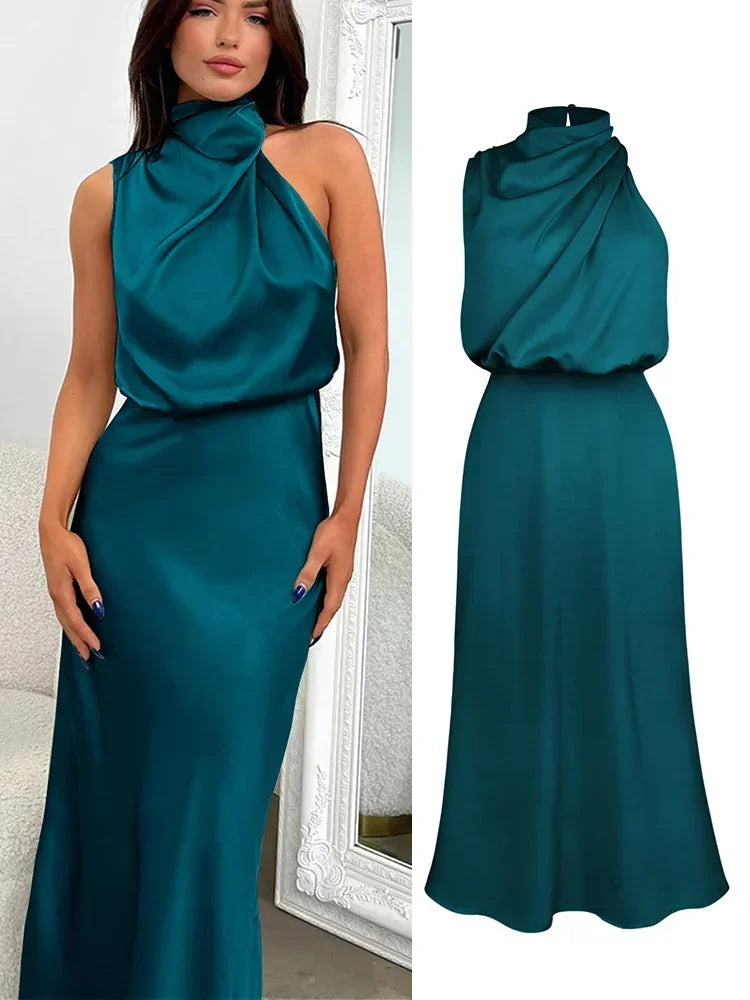 Luxury Sleeveless Silk Satin Long Dress