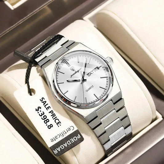 Luxury silver stainless steel quartz watch with date display in a cushioned jewelry box, sale price tag visible