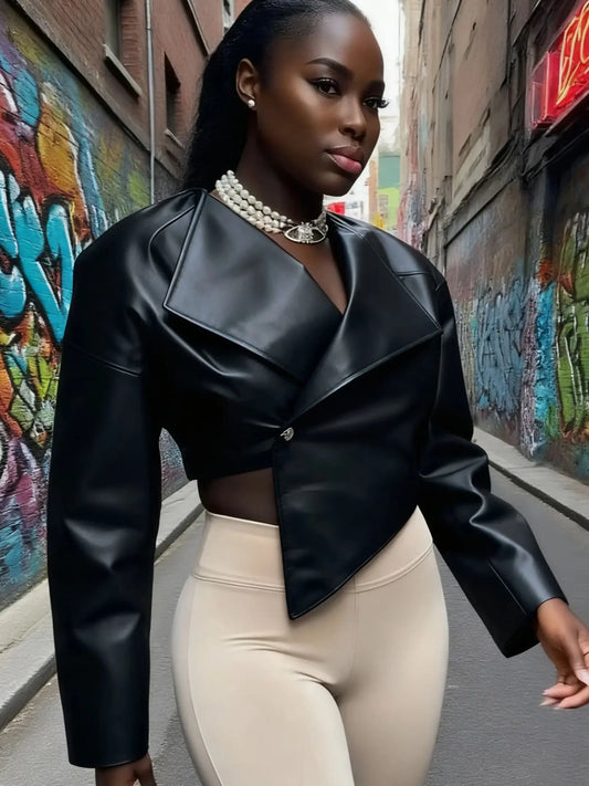 Faux Leather Single Button Crop Full Sleeve Wild Style Coat