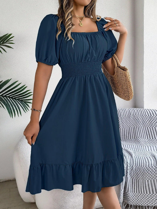Elegant High Waisted Short Sleeved Ruffled Dress