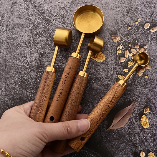 Wooden Handle Stainless Steel Measuring Cups Spoons