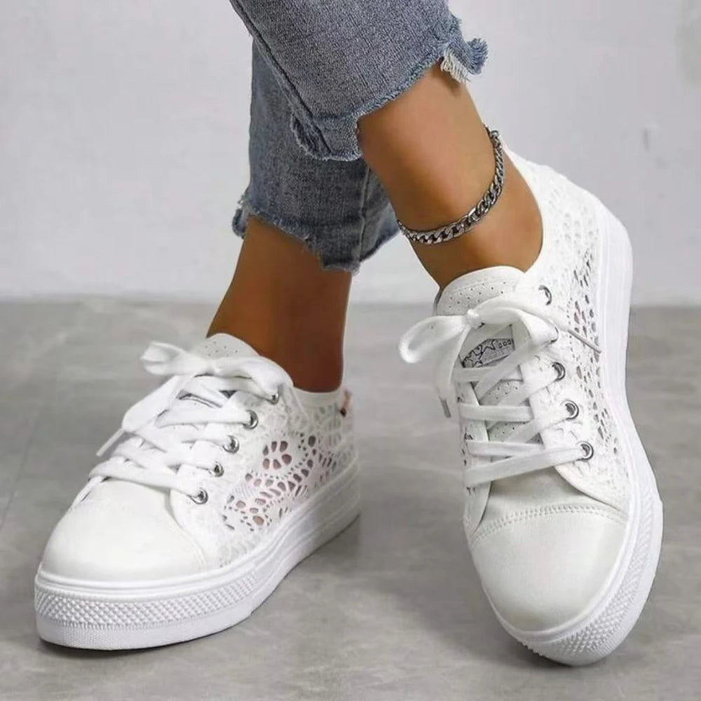 Casual White Lace Canvas Hollow Platform Flat Sneakers