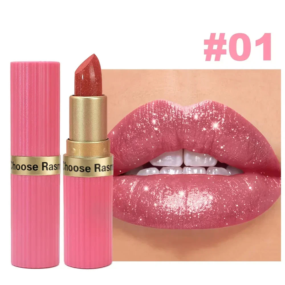 Pearlescent Pink Glitter Velvet Lipstick Metallic Waterproof Makeup Cosmetic