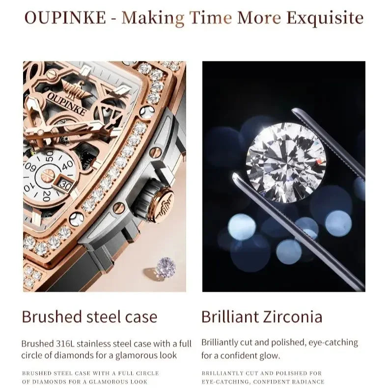 Luxury Skeleton Flywheel Tonneau Dial Automatic Mechanical Diamond Watch