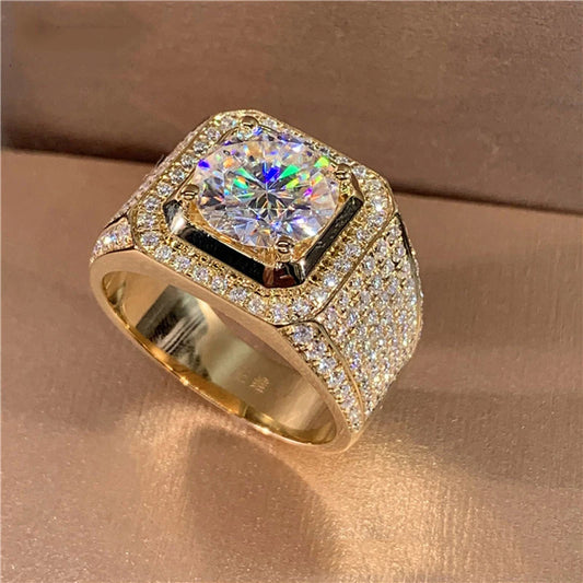 Shining White Zircon Round Stone Vintage Gold Ring Male