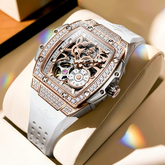 Luxury Skeleton Flywheel Tonneau Dial Automatic Mechanical Diamond Watch