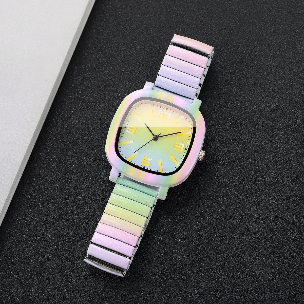 Square Elastic Strap Quartz Wristwatches Set
