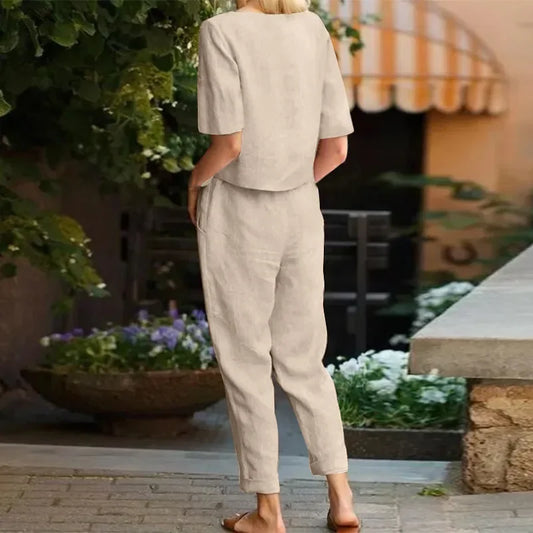 Cotton Linen Half-sleeved Wide-leg Suit