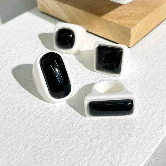 Minimalism Black White Irregular Geometric Resin Rings
