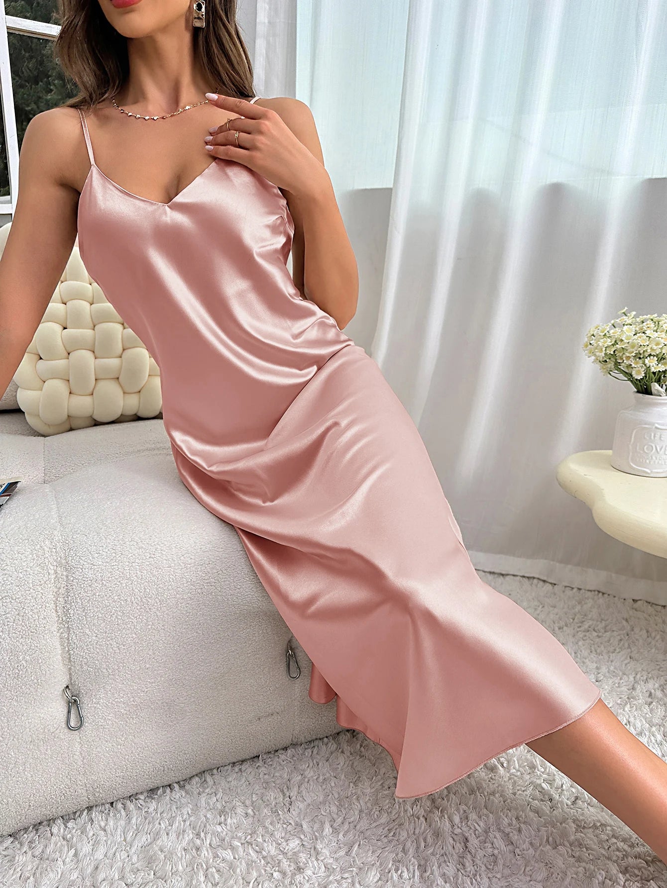 Spaghetti Strap V Neck Elegant Luxury Breathable Loungewear Nightdress