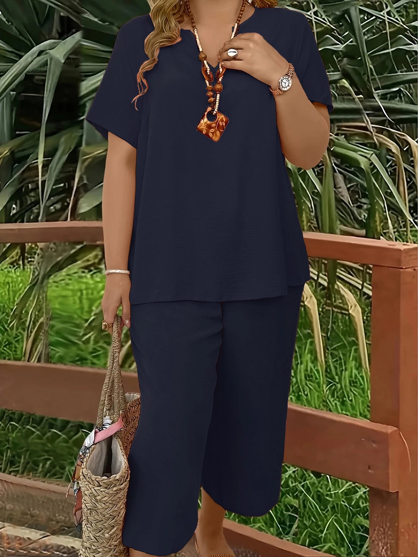 Plus size casual elegant short-sleeved top and wide-leg pants