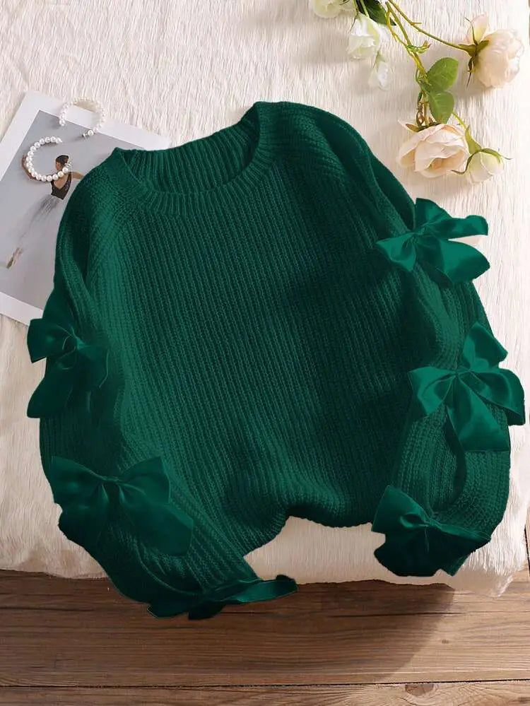 Bow Out Raglan Sleeves Knit Round Neck Minimalist Sweater