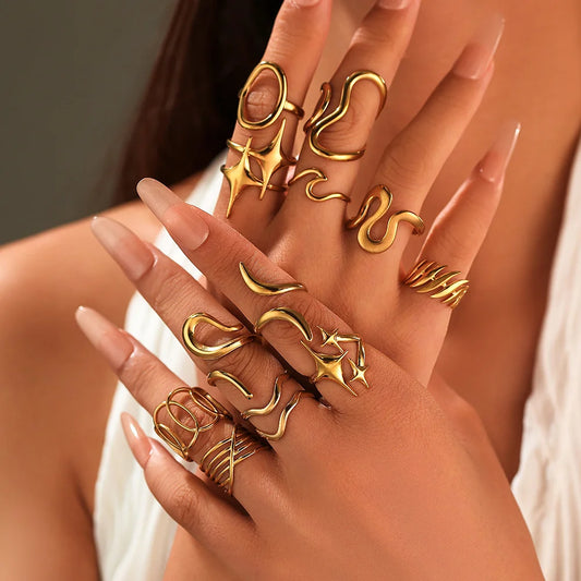 Stainless Steel Irregular Wave Creative Gold Open Punk Rapper Rings