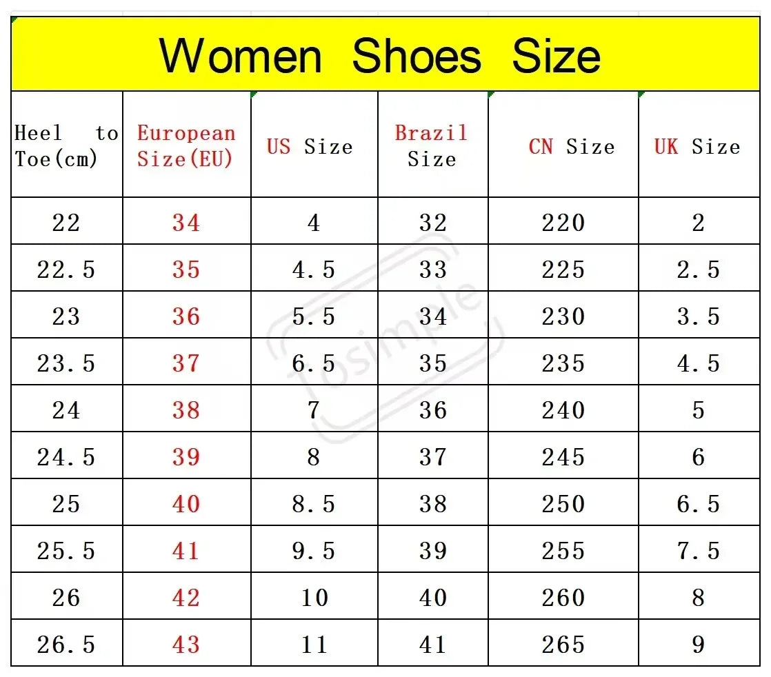 Women's shoe size chart with EU, US, Brazil, CN, and UK size conversions and foot length in cm.