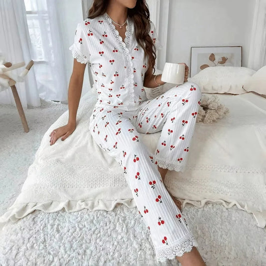 Lace Short Sleeve Cherry Sleepwear Pajama Set