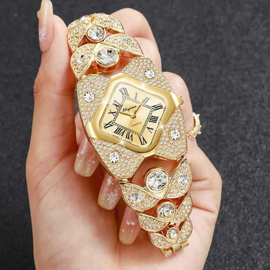 Luxury Rhinestone Golden Bracelet Strap Square Roma Dial Wristwatch